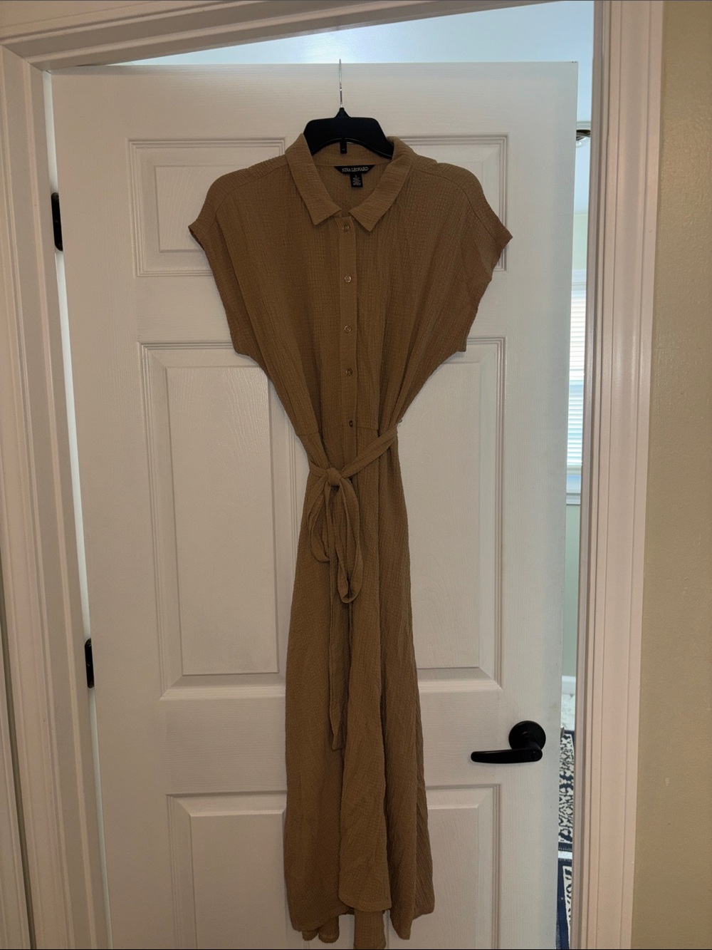 Nina Leonard Camel Button-Front Tie-Waist Maxi Dress